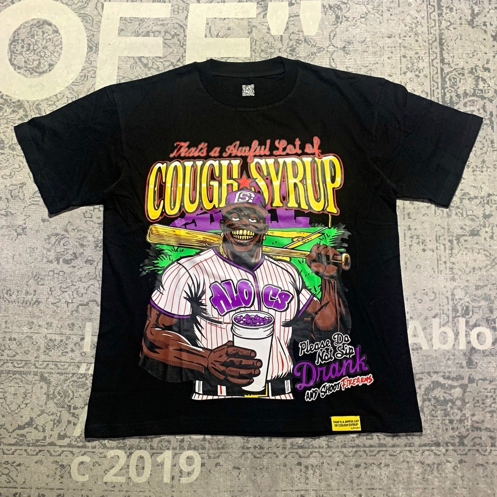 That's A Awful Lot Of Cough Syrup Black Graphic Print Men's Crew Tee Size M